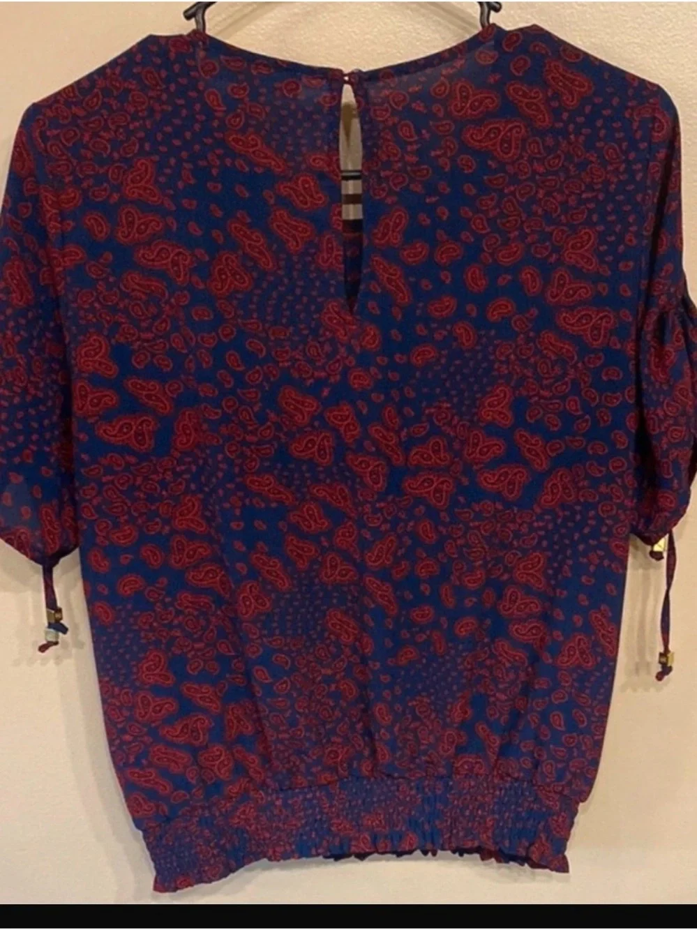 Michael Kors Navy Top with Red Paisley Print and Puff Sleeves